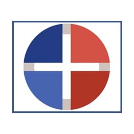 A red white and blue circle with the cross of jesus.