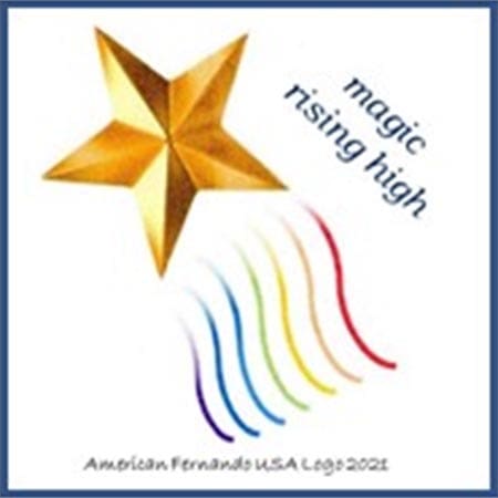 A gold star with the words " magic rising high ".